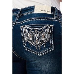Grace in LA Women's Soft Denim Aztec Crystal Embellished Bootcut Stretch Jeans